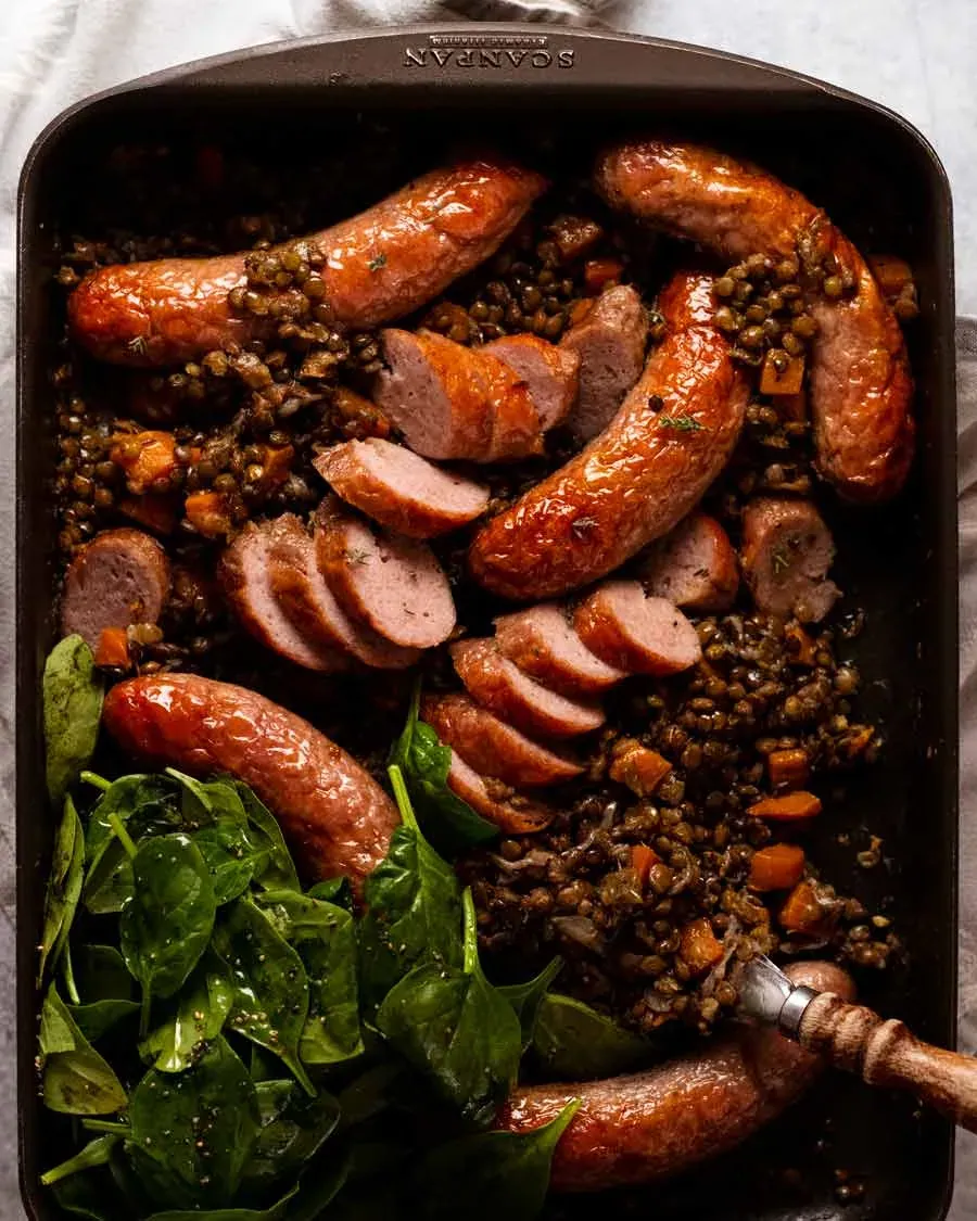 Baked Sausage and Lentils